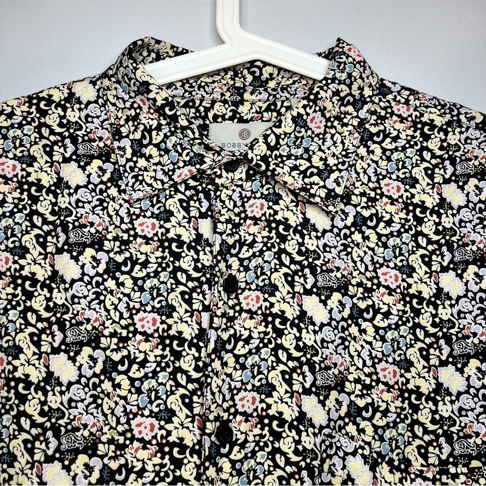 Bobby Chan Men's Size L Silk Bamboo Floral Short Blouse Black Yellow Lightweight - Picture 2 of 11